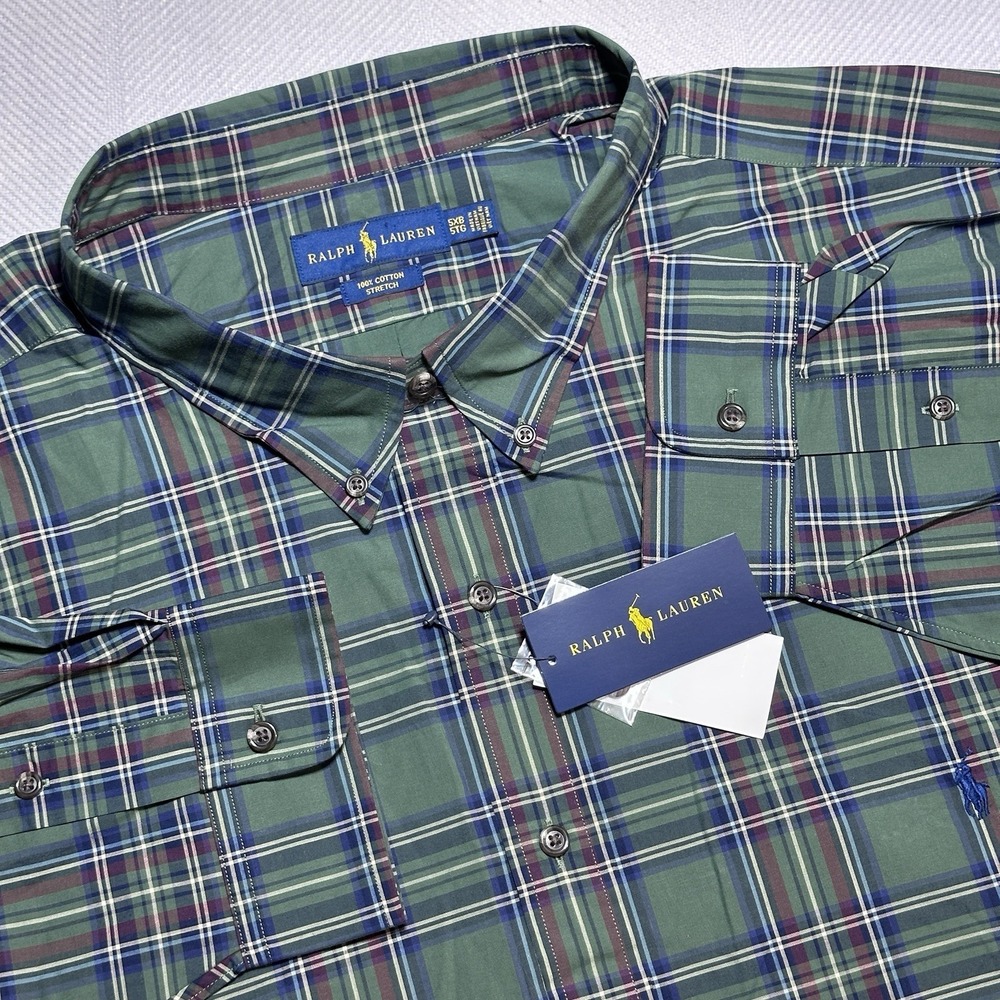 NEW Ralph Lauren Button Down Shirt Mens 5XB Green Plaid Stretch Cotton Pony NWT